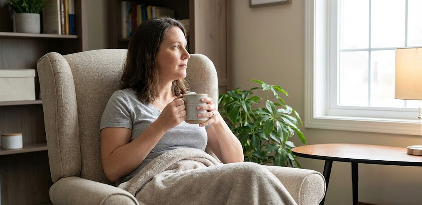 A woman sits comfortably in an armchair wrapped in a blanket, holding a mug and looking pensively out a window in a calm, sunlit therapy room setting
