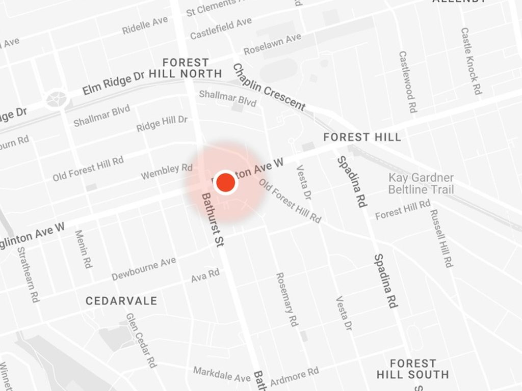 Map of midtown Toronto showing Cedarvale Therapy Centre on the south side of Eglinton Avenue West, just east of Bathurst Street and Forest Hill station.