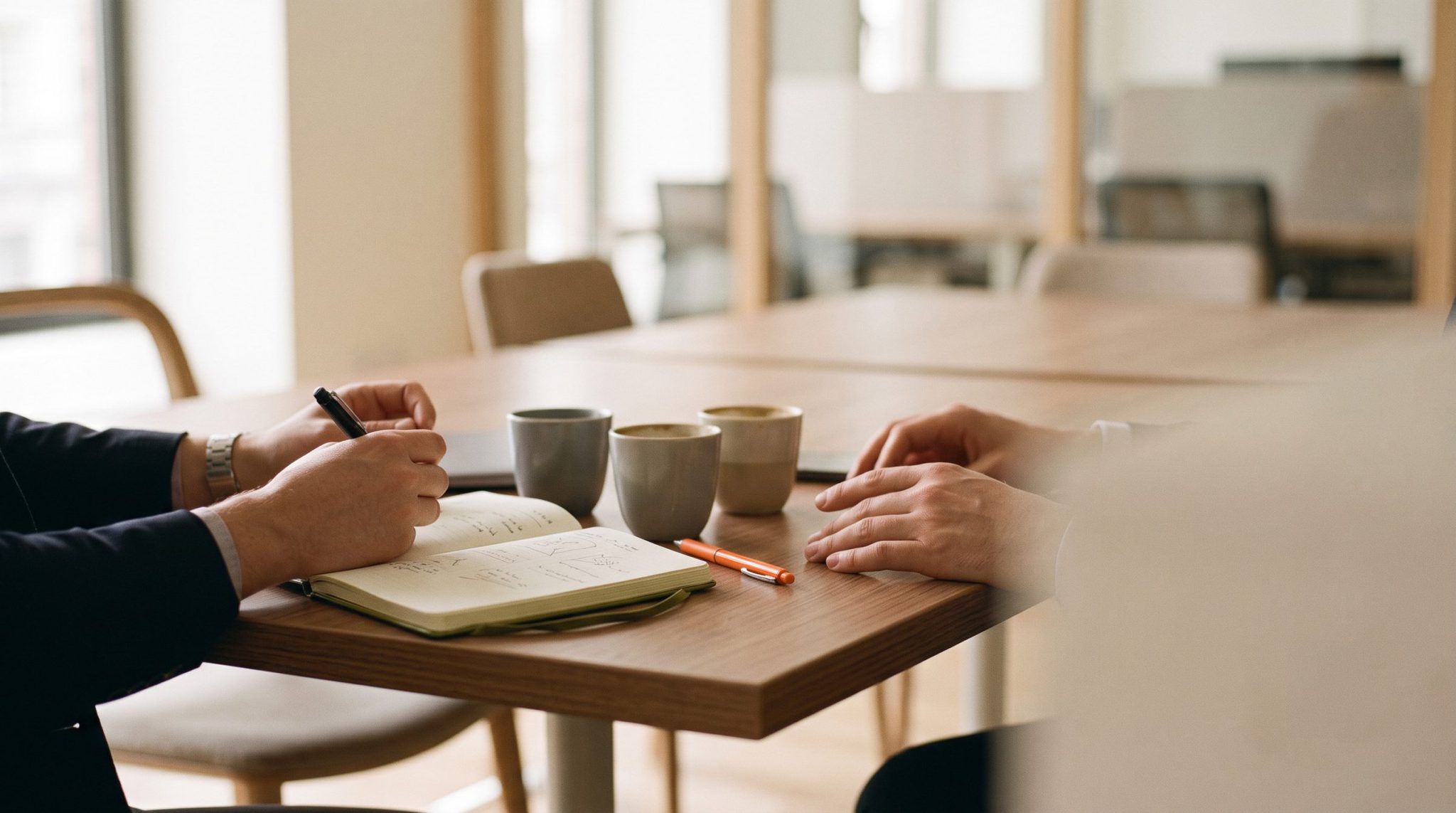 Two colleagues at a table by a window, notebooks and cups between them