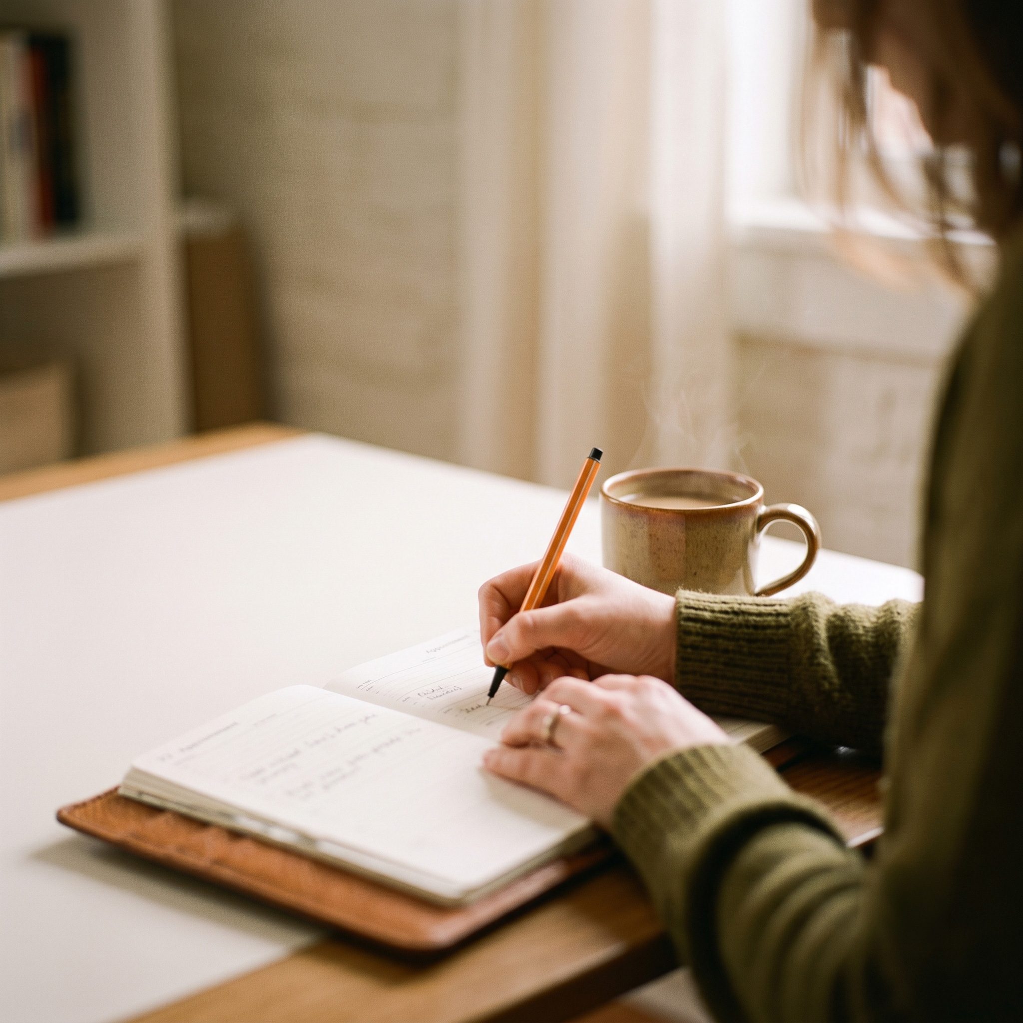 A person writing at a desk in warm light