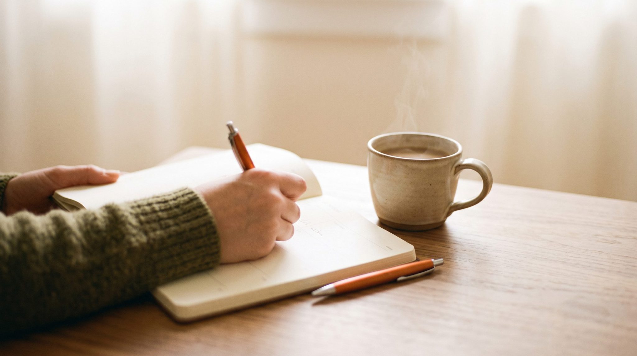 A hand writing in a notebook beside a warm cup, in window light