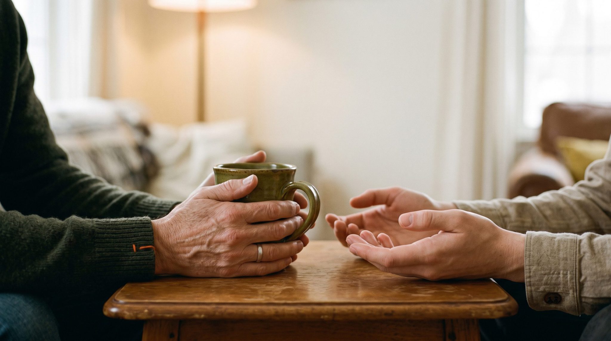 Two pairs of hands across a small wooden table, one holding a mug