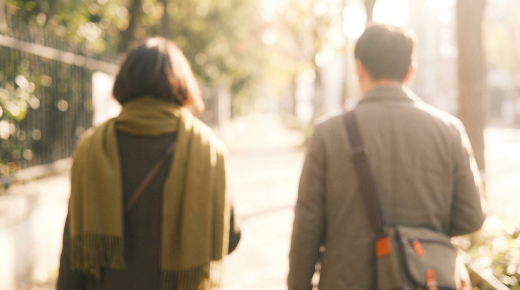 Two people walking side by side down a sunlit street, seen from behind