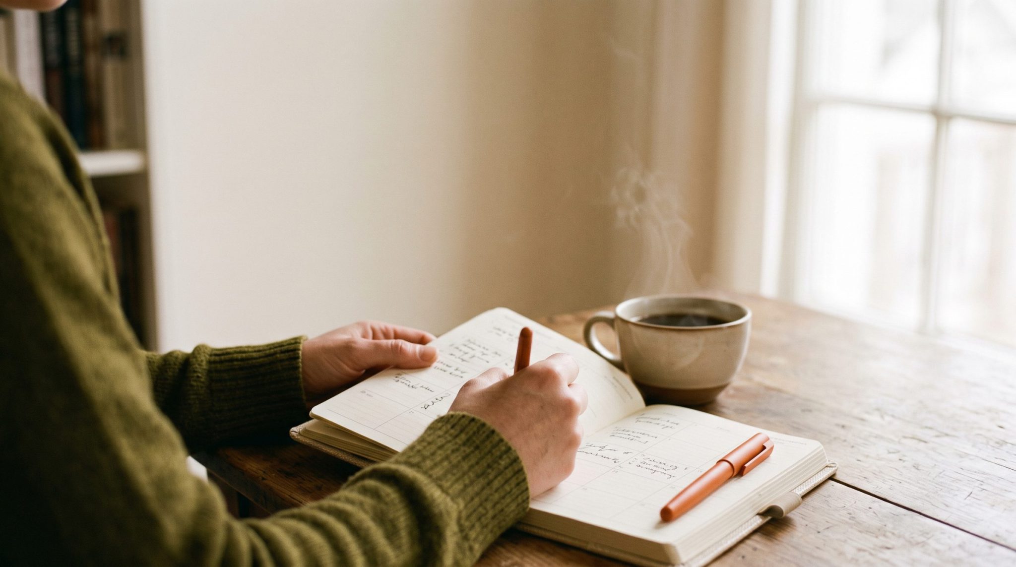 Someone in an olive sweater writing in a journal by a window, an orange pen beside the cup